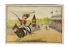 Victorian Trade Card WILLIMANTIC THREAD Man riding Spool Horse Racing Jockey