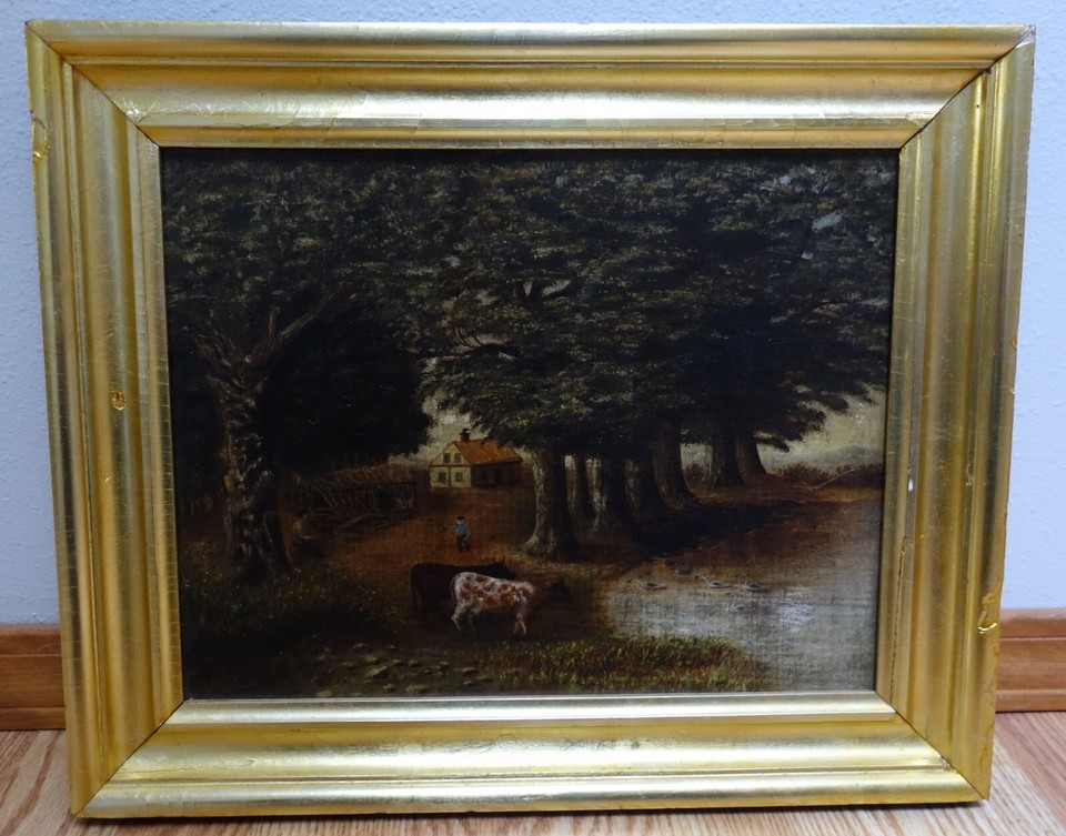 Original Antique Naive Oil Painting on Board Farm Scene Landscape with ...