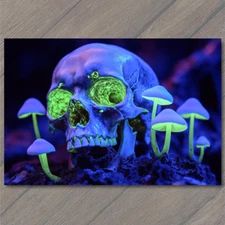 Art Print Skull Surrounded Glowing Neon Mushrooms Bioluminescent Spooky Dark Emo