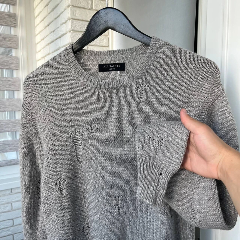 Allsaints Sweater Knit Distressed Wool Blend Knit Grey Mens Size M - Image 4 of 4