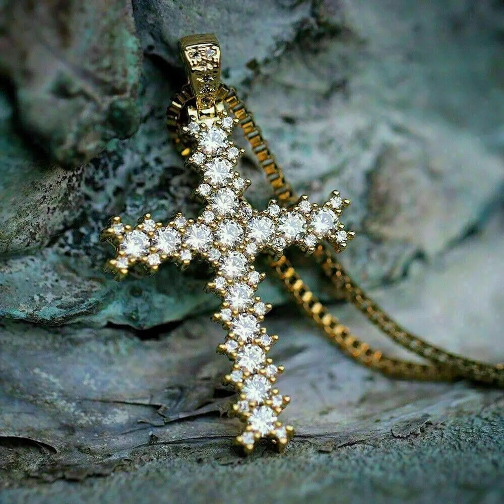 1.50Ct Round Cut Simulated Diamond Cross Pendant Necklace 14K
