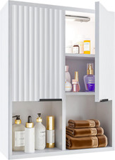 Modern Fluted Bathroom Wall Cabinet with Motion Sensor Light - White