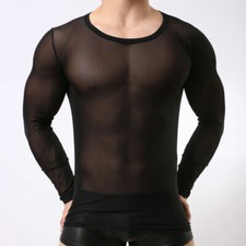 homme élasthanne maille pur T-shirt transparent manches longues col rond top