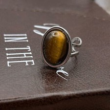 Women s Brown Tiger s Eye Oval Adjustable Stainless Steel Ring Bohemian