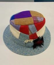 Hanna Hats Hat Pork Pie Fitted Mens Small Blue Patchwork Tweed Made in Ireland