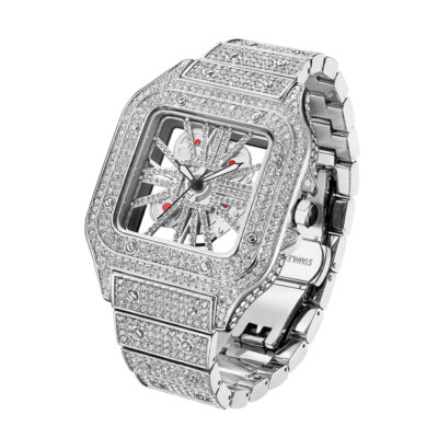 White Gold Hollow Dial Iced Out Watch For Men Hip Hop Quartz Stainless Steel