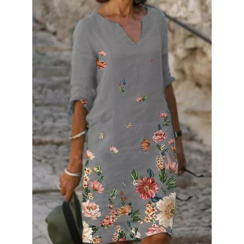 Damen-Midikleid Mit Blumenmuster Kurzärmelig Lässig Baggy-Strand-Kaftan- ≌ - Picture 7 of 17