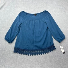 AB Studio Shirt Womens Large Blue Lace Off Shoulder Boho Chic Balloon Sleeve