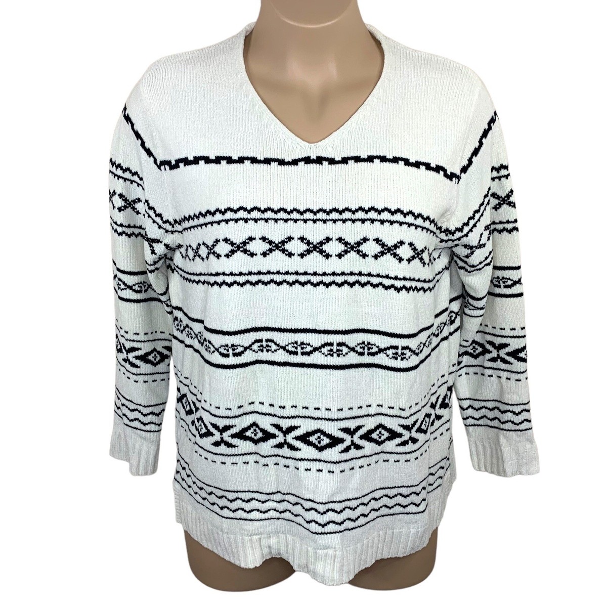 XL Vintage White Stag Black And White Geometric Print Sweater 90s 