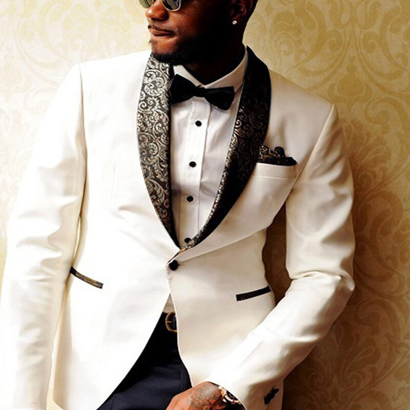 Men's Suits White Ivory Tuxedo Groom Wedding Paisley Shawl Lapel Prom Party  Suit