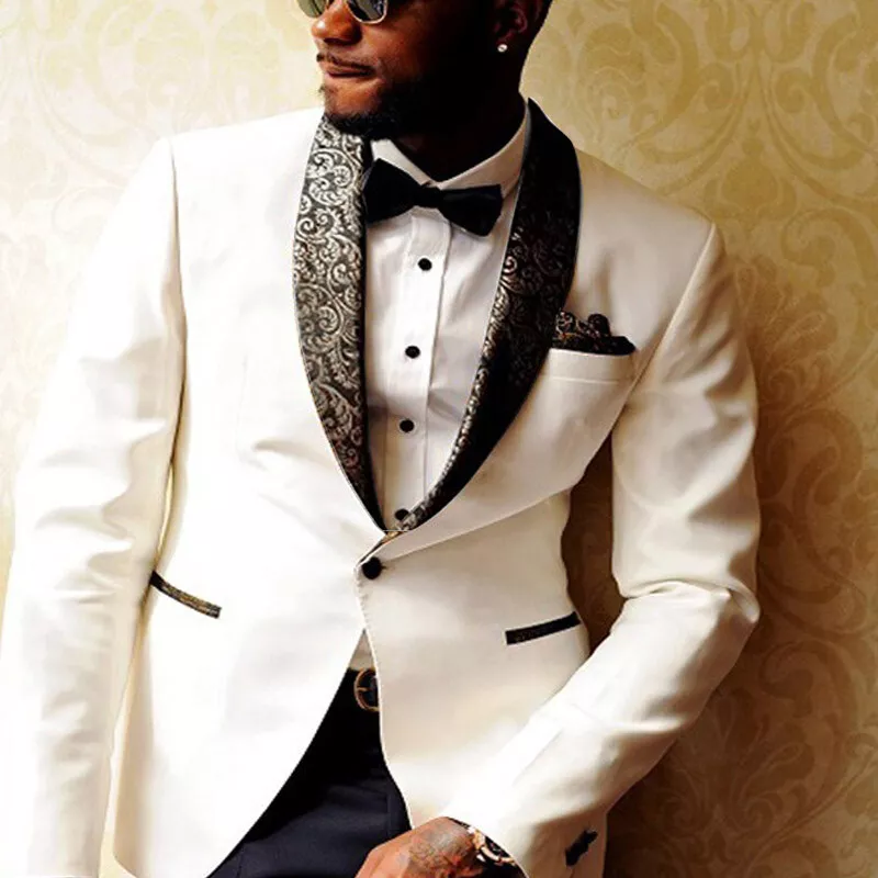 Men Suit White Ivory Tuxedo Groom Wedding Paisley Shawl Lapel Prom Party  Suits