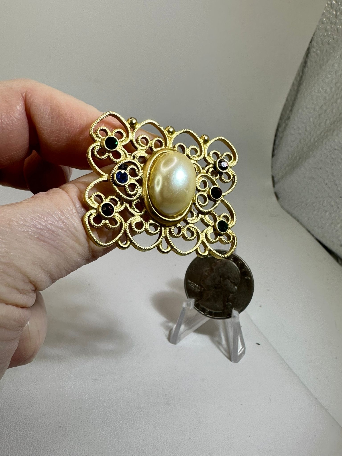 Rectangle Openwork Rhinestones Pearl Center SIGNE… - image 3