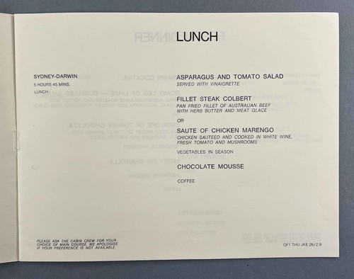 QANTAS VINTAGE AIRLINE MENU SYDNEY - DARWIN - SINGAPORE - BAHRAIN - LONDON QF 1 - Picture 2 of 3