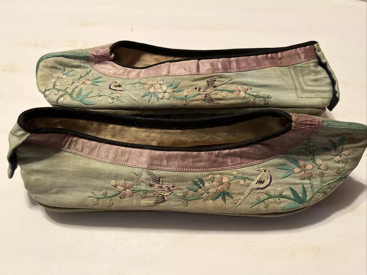 Antique Chinese Embroidered Silk Lotus BIRD Bound Foot Shoes Asian Slippers Old