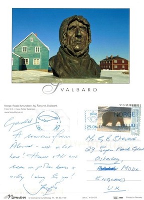 Alte Postkarte - Roald Amundsen Denkmal Ny Ålesund Spitzbergen Norwegen VERSCHICKT