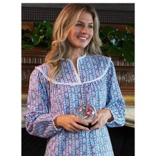 Lanz of Salzburg Classic Blue Tyrolean Stripe hearts flannel Nightgown Sz S
