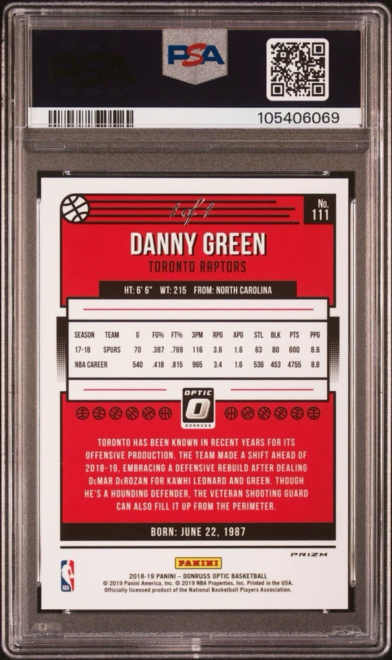2018-19 Optic BLACK Danny Green 1/1 PSA 9 MINT Raptors Championship Year 1 OF 1  - Image 2 of 2