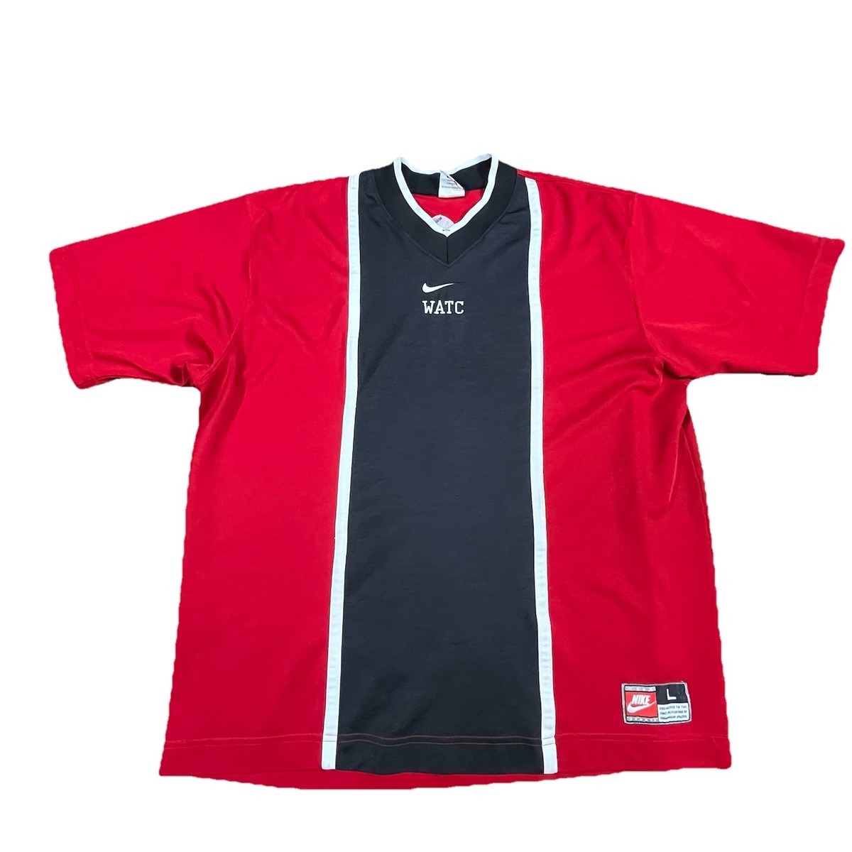 VTG 90s Nike Soccer Jersey Red Black Center Stripe Swoosh Mens L