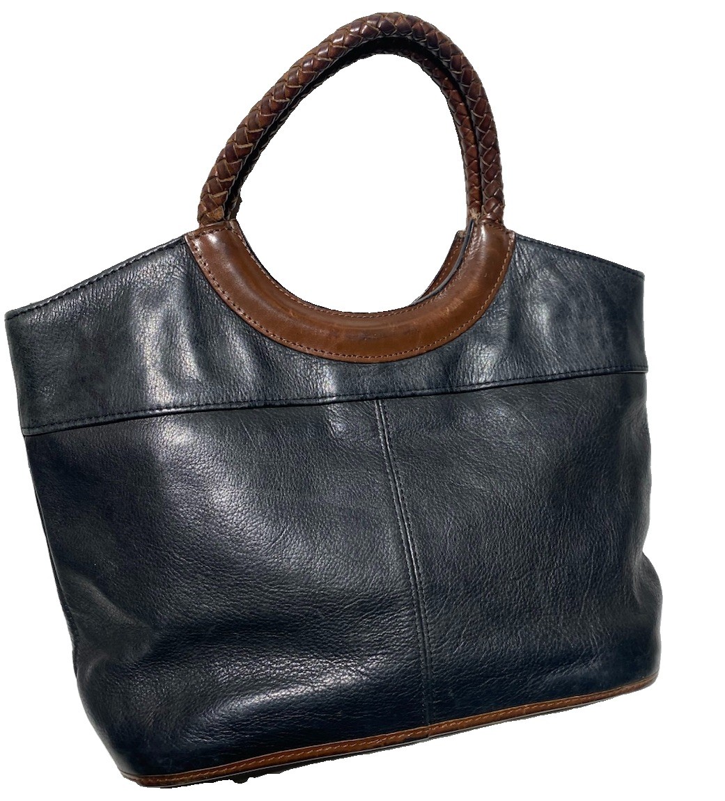 Fossil Vintage Purse Black Pebble Leather Brown Double Handles, Key 1954 Orginal View 3