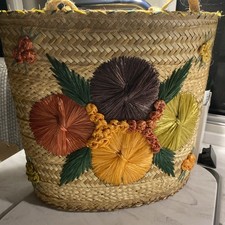 VTG 50s 60s Straw Raffia Floral Beach Bag Tote Handmade
