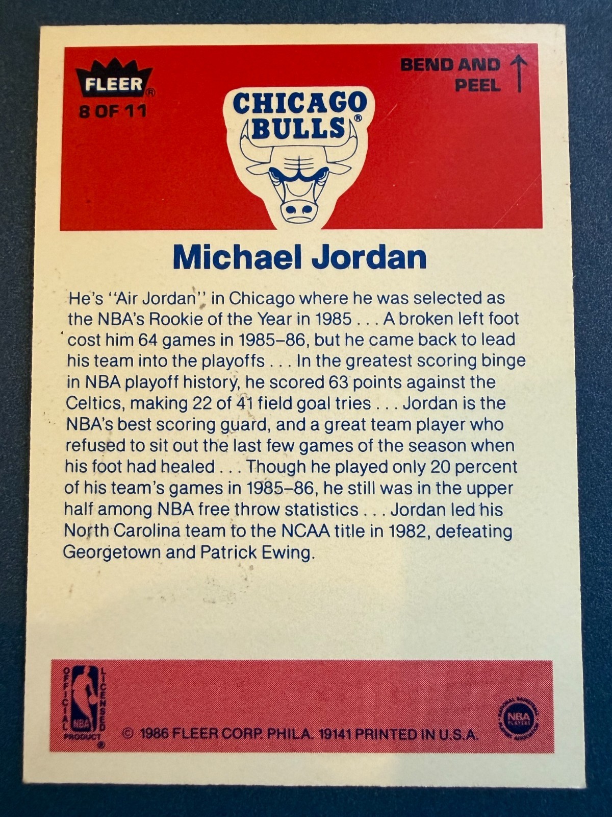 1986-87 Fleer Michael Jordan Stickers Rookie RC #8 Bulls view 2