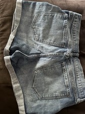 Women's Blue Denim Cut Off Shorts Size 12 Light Wash Distressed 5-Pocket Button