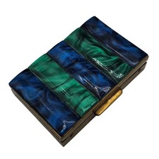 vintage blue and green marbled bakelite or celluloid trinket box w/ brass frame
