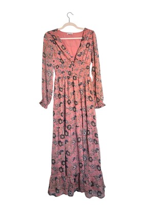Patrons of Peace Pastel Pink Floral Boho Smocked Long Sleeves Maxi Dress  Medium