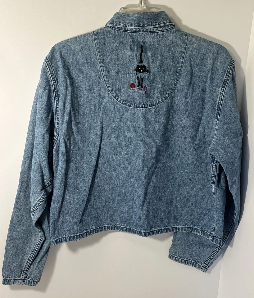 Christopher Banks Women Jacket Blue Denim Embroidered Cats Front/Back Sz Lg - Image 2 of 4
