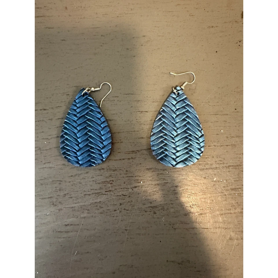Metallic Blue Leather Woven Teardrop Dangle Earrings 3 Inch Boho Lightweight - Image 1 of 1