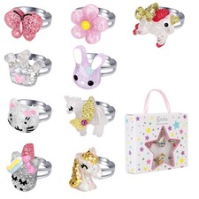 Kids Adjustable Jewelry Rings Set In Box Unicorn Butterfly Girls Gift Toy Set