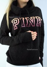 Victoria's Secret PINK High Neck Pullover Logo Fleece Cowl Marl Black Sweatshirt