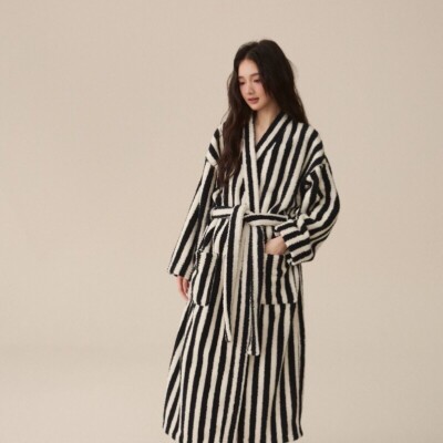 Winter Women's And Men s Pajamas, Striped Plush Kimono Fluffy Warm Bathrobe
