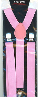 Girls Womens Suspenders adjustable elastic straps metal clamps Pink Y Back B6-A7