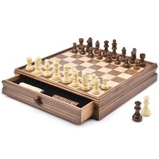 AMEROUS 15" x 15" Wooden Chess  Checkers Set with Built-in Storage Drawers/W...