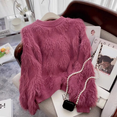 Damen Mohair Strick Pullover Splice Plüsch Flauschig Pullover Mode