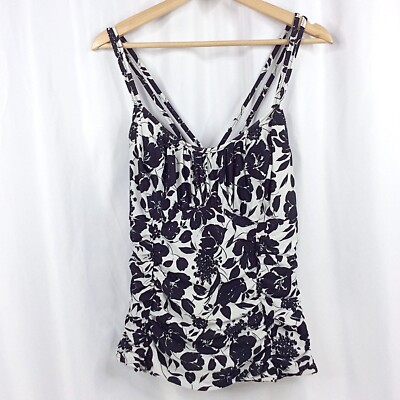 Jantzen Women's Tankini Top Size 38D-DD Floral Ruched Black White