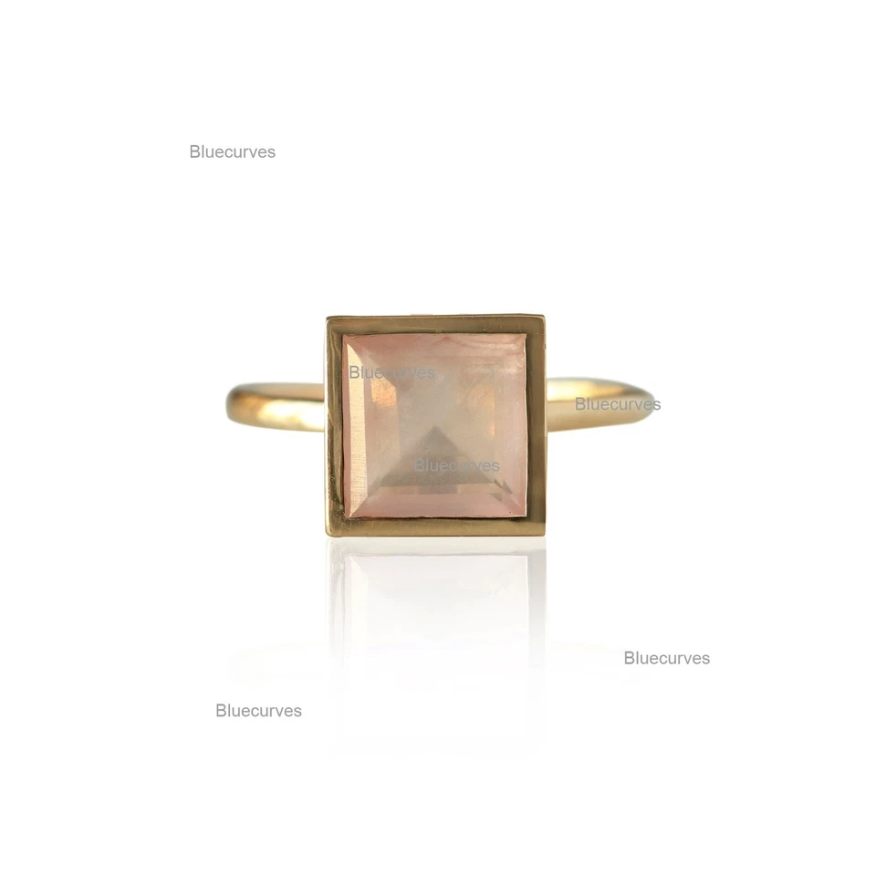 Anillo solitario de cuarzo rosa natural corte princesa oro macizo amarillo de 14 k Foto 3 de 4