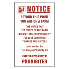 Safety Sign Notice Occupiers Liability Quality 480 x 300mm x 1mm Rigid Plastic