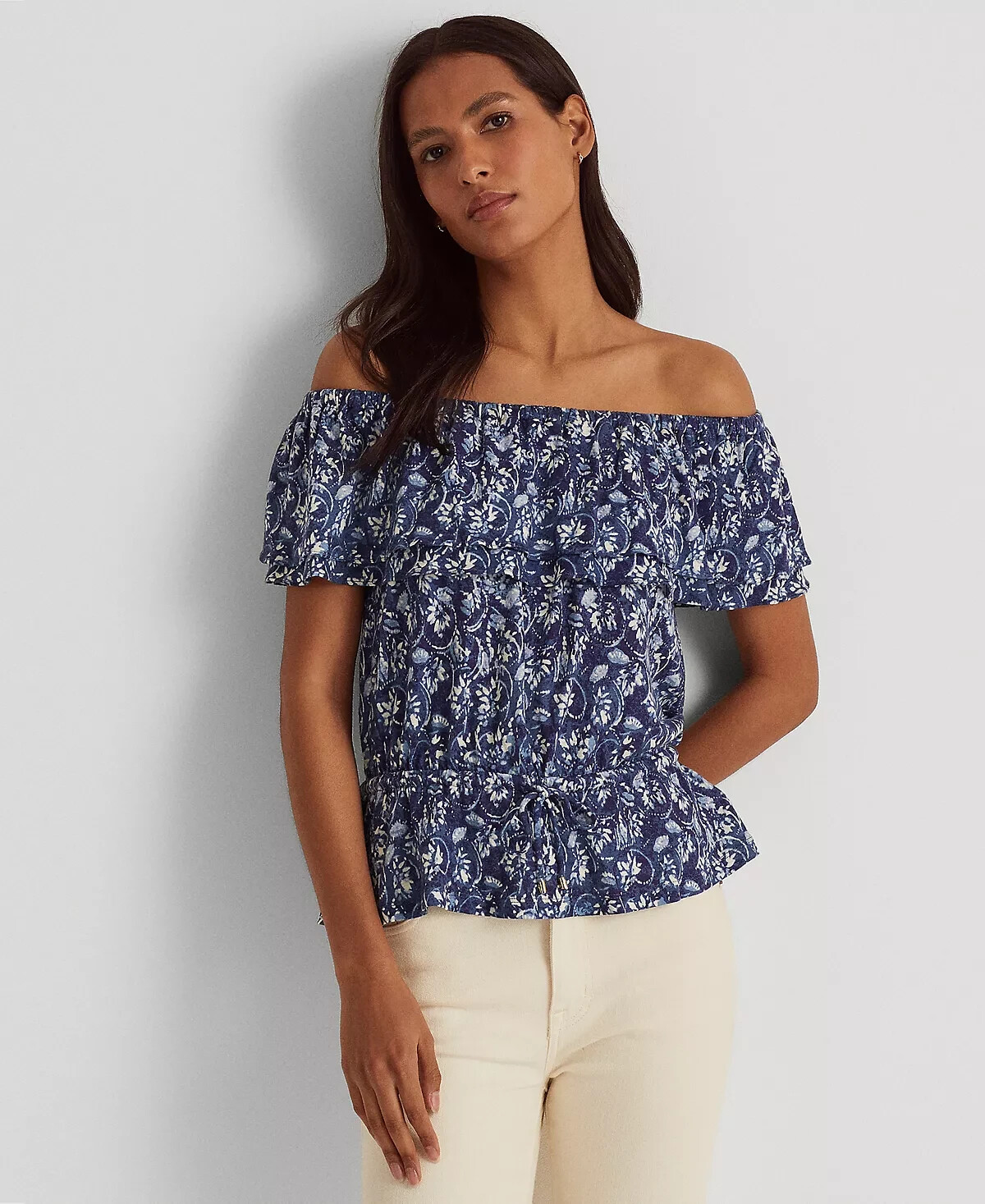 LAUREN RALPH LAUREN Floral Off-the-Shoulder Jersey Top Blue Blouse Size XL $115