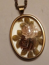 Simulated Clear Stone Flowers CZ Oval Pendant Necklace 18" Rose Gold Tone