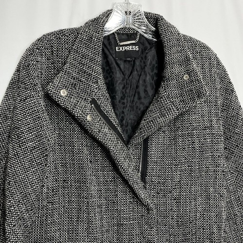 Express Tweed Jacket Winter Coat Black White Gray Zipper Button Size Medium - Picture 3 of 7