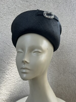 Vtg Hat black straw pillbox bumper Mr John Classic