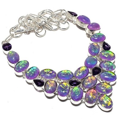 Triplett Feueropal, Amethyst Edelstein 925 Sterlingsilber Schmuck Halskette 1...