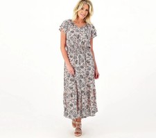Destination 365 Midi Dress Size 2X Short Sleeve Smocking Sepia Rose Floral Boho 