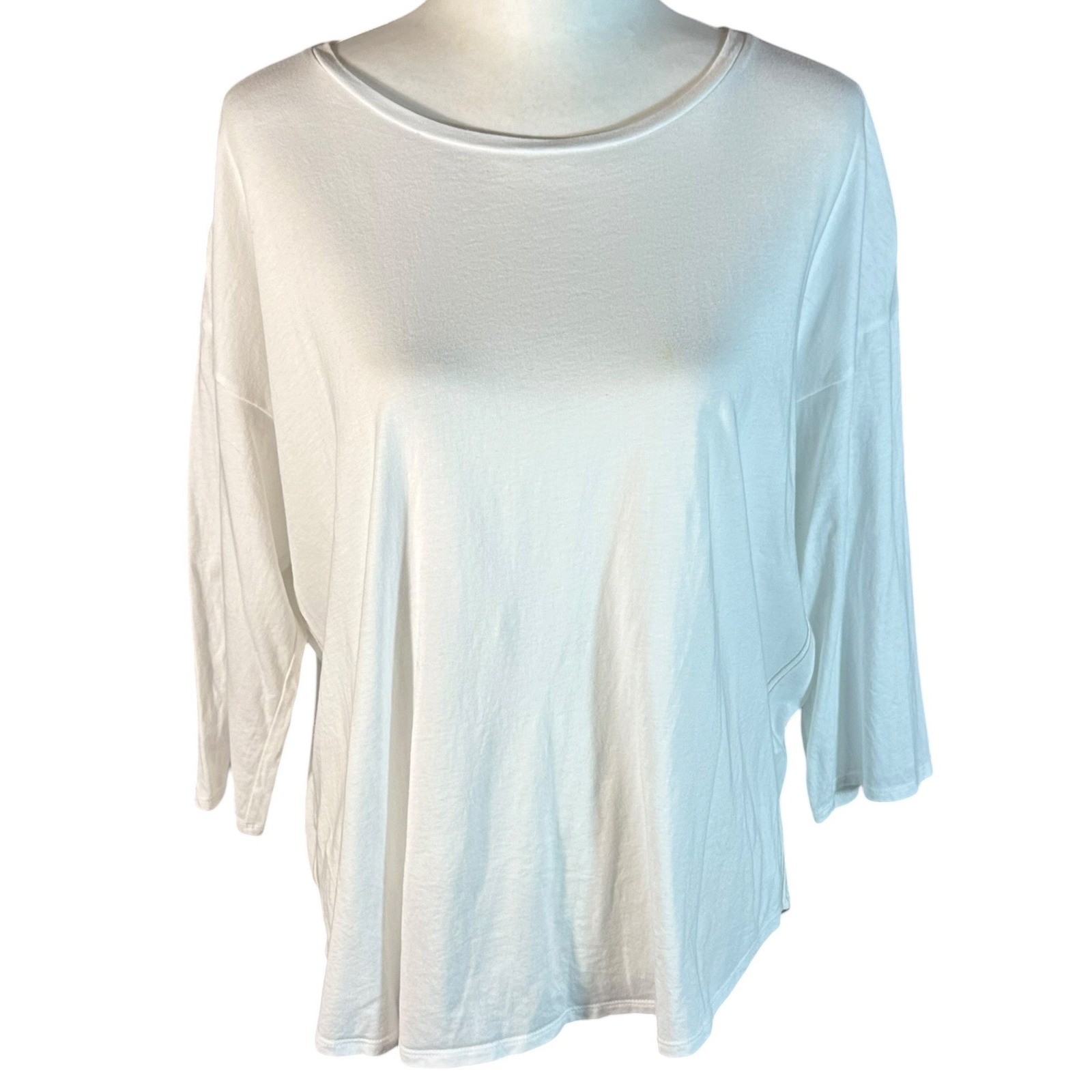 Eileen Fisher Top Womens L White Organic Cotton 3/4 Sleeve Contrast Stitching