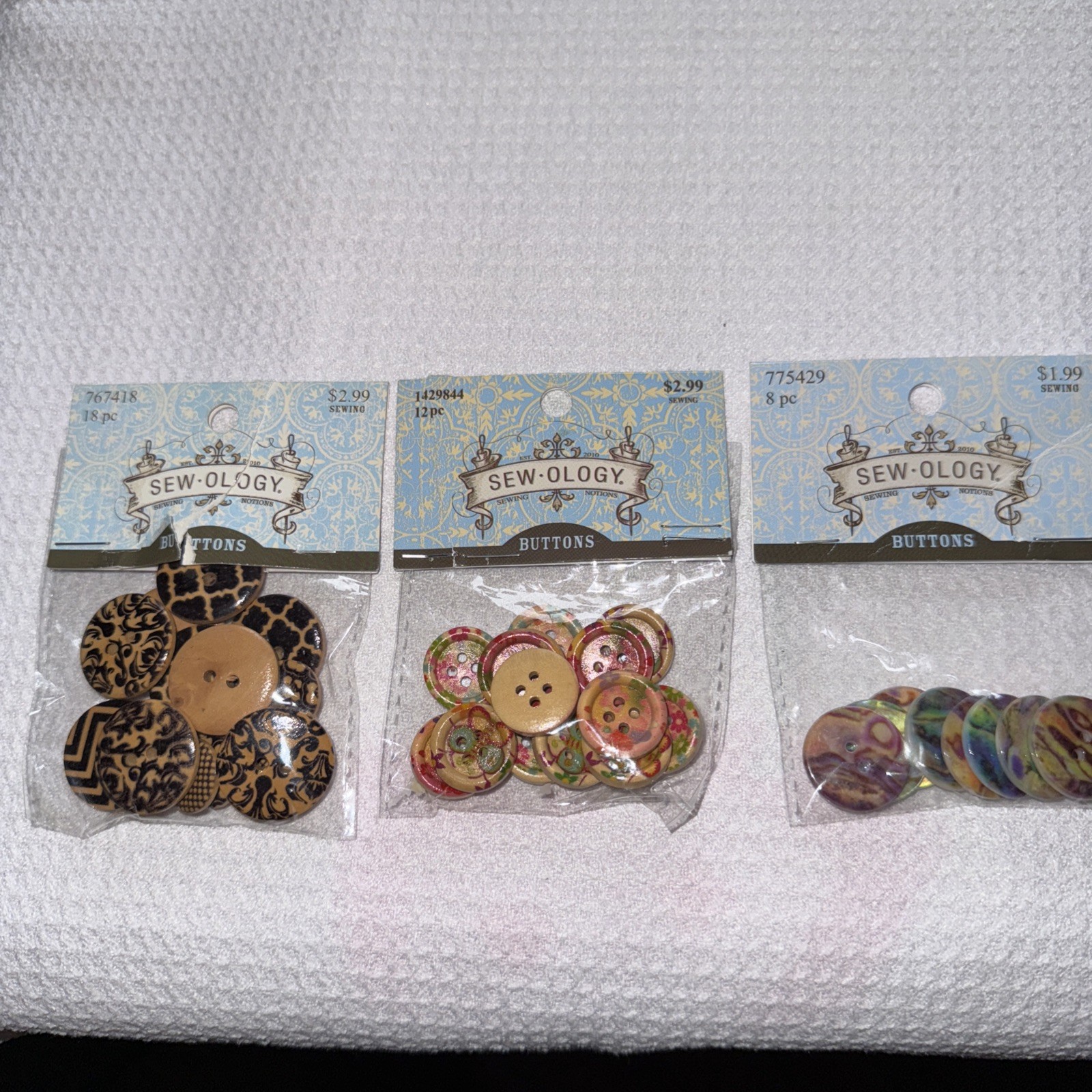 Lot Of 3 Sew-ology Buttons Wood & Pearl Look NIP 38 Buttons