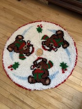 Rare Vintage Latch Hook Christmas Tree Skirt Bears Small Hand Made White