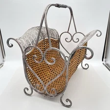 VTG  Mid Century Modern Magazine Rack Iron & Rattan Foldable 