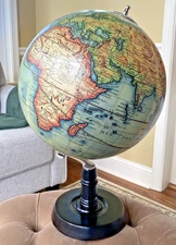 Vaugondy French World Globe 1920s Antique Wooden Stand 19.7" Tabletop Desk Decor
